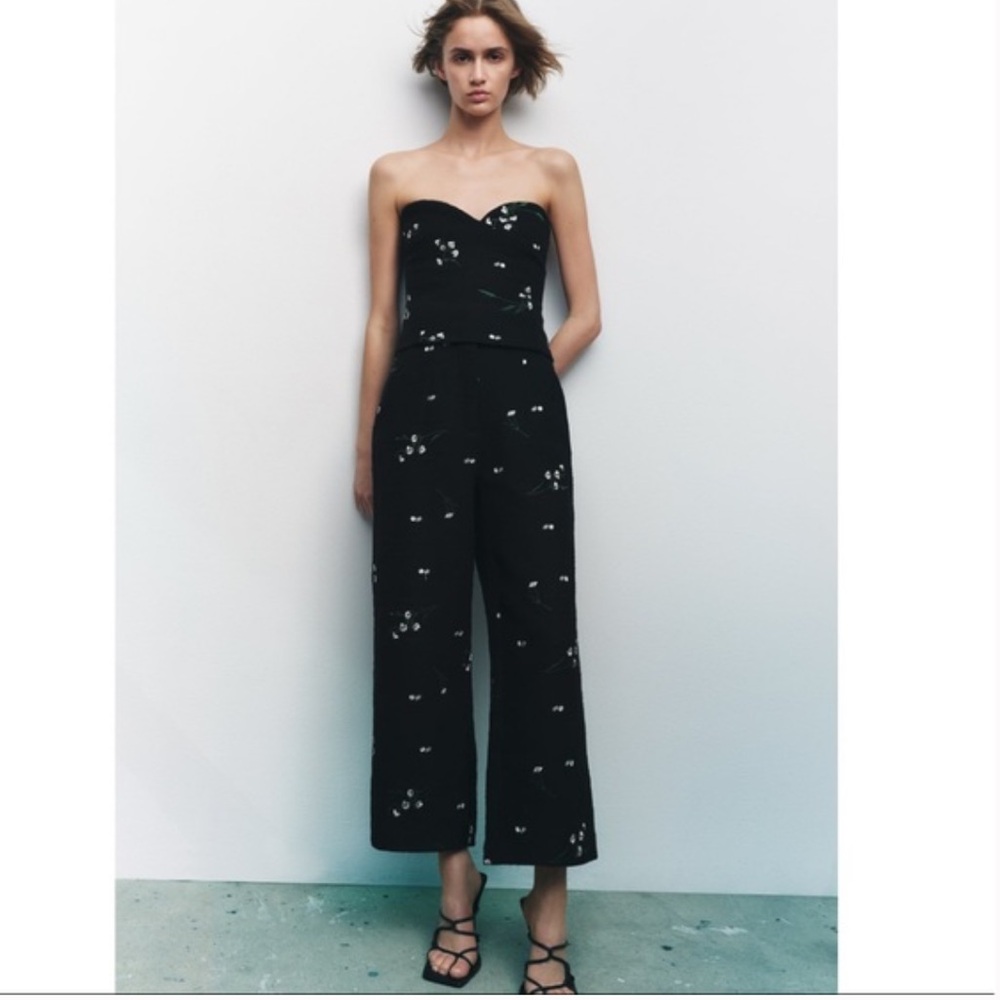 Zara Embroidered Textured Bustier Corset and Pant Set Size XS Black Chic Floral